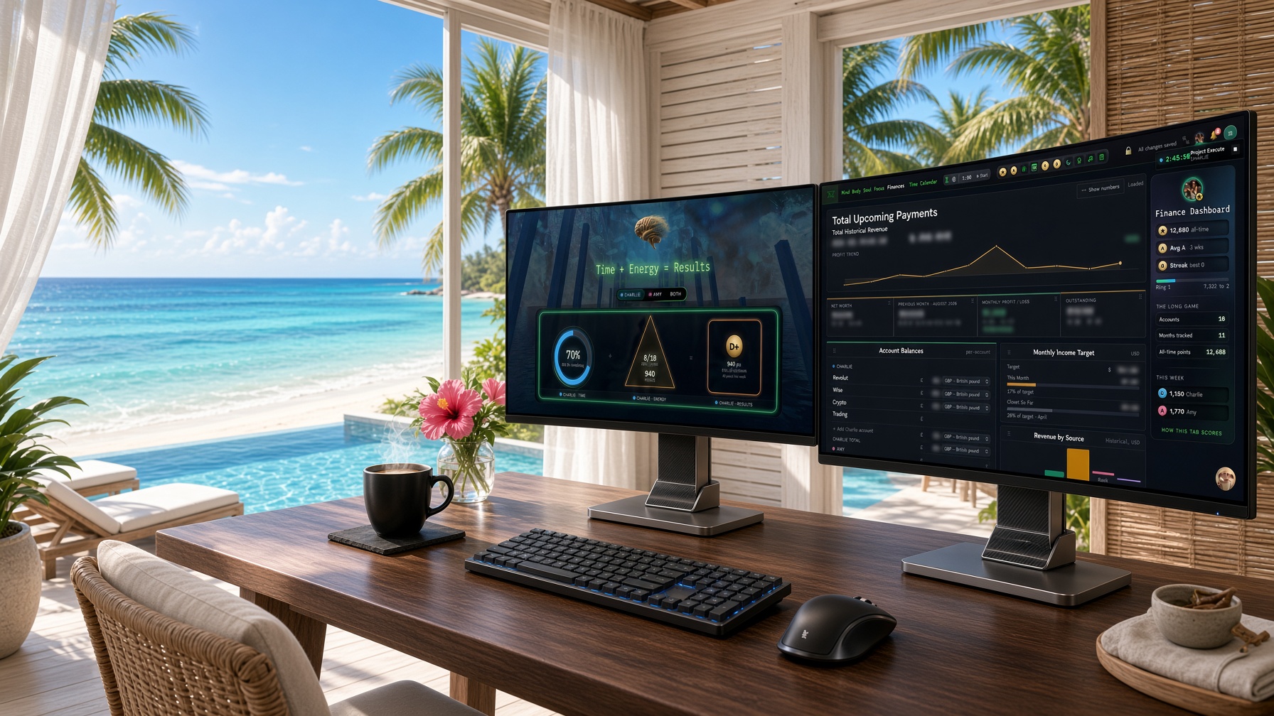 Two monitors on a beachside desk showing the Time + Energy dashboard, the ocean beyond