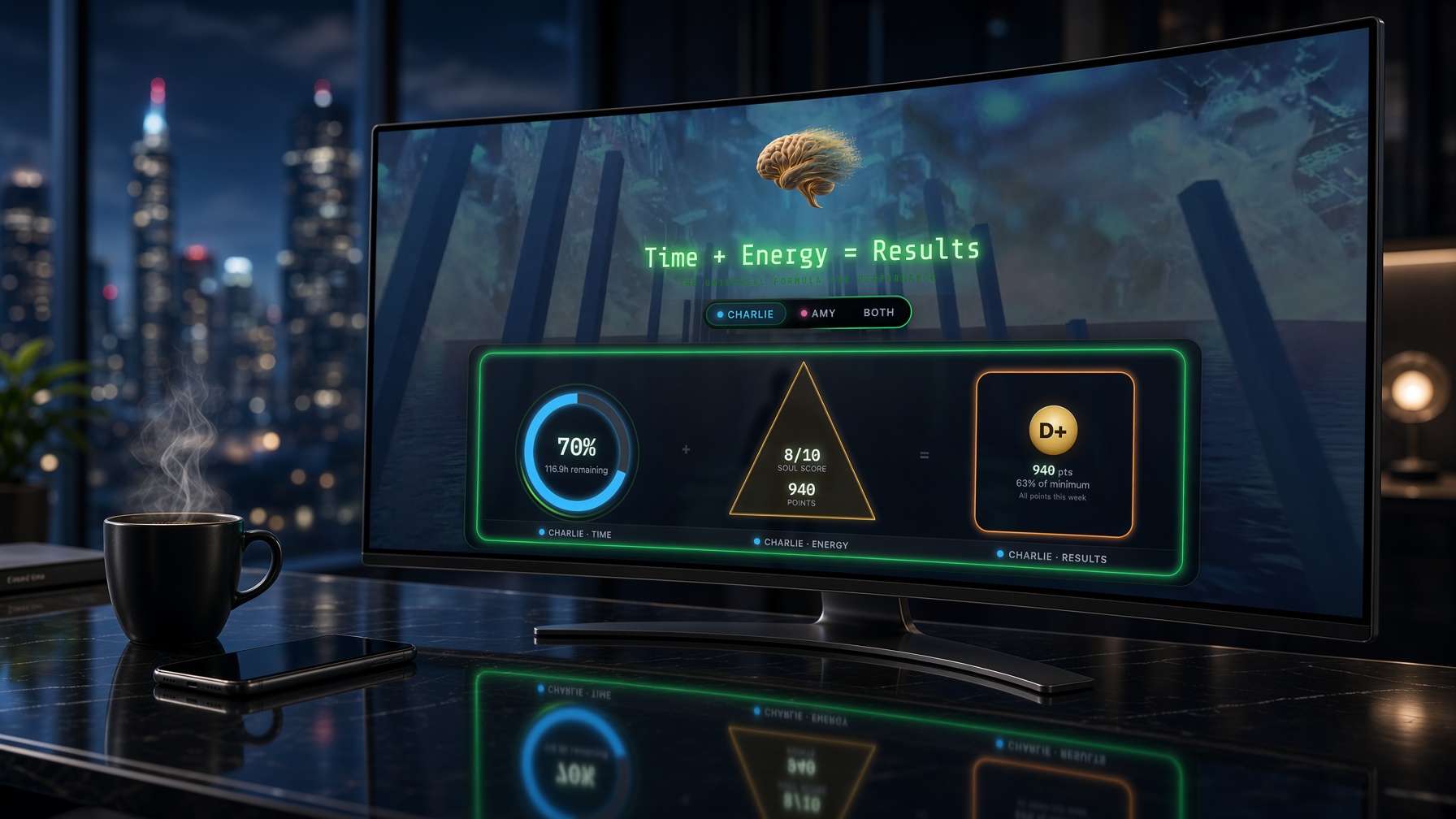 The Time + Energy dashboard running on a curved monitor in a night office