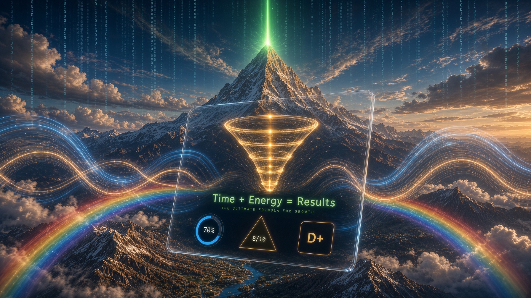 A mountain summit under a rising green beam, with the Time + Energy dashboard glowing over it